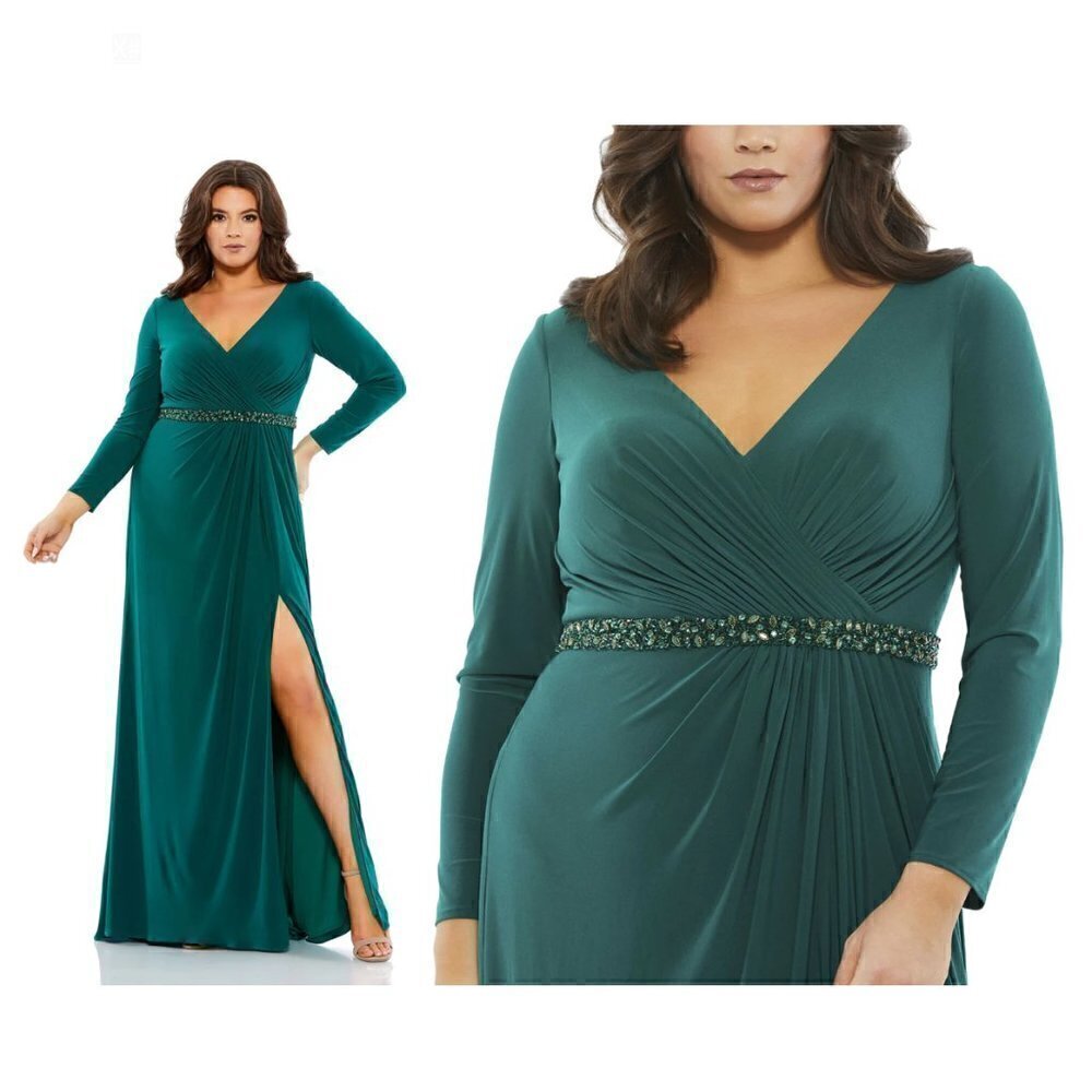 MAC DUGGAL Belted Faux Wrap Long Sleeve Jersey Gown in Green Size US 14W